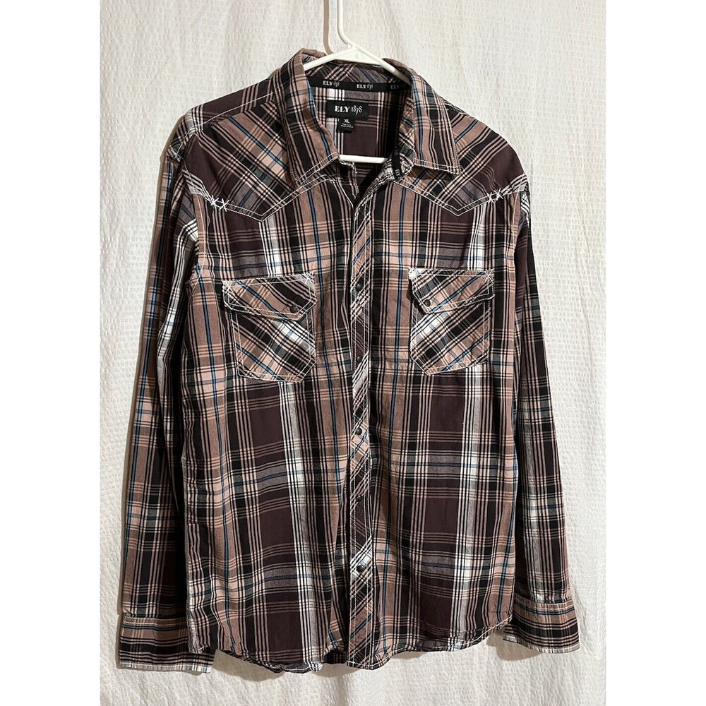 Ely 1878 Western Snap Shirt Mens Extra Large Long Sleeve Brown Plaid Cowboy